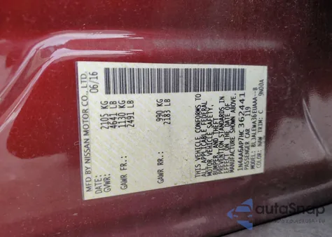 2017 Nissan Maxima 3.5S z USA, uszkodzony, nr VIN 1N4AA6AP7HC362441